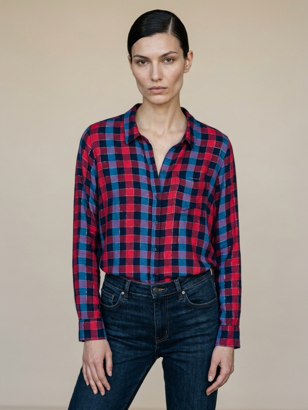 LUCKY BRAND Plaid Metallic Silver Fiber Detail Button-Down Shirt Sz L